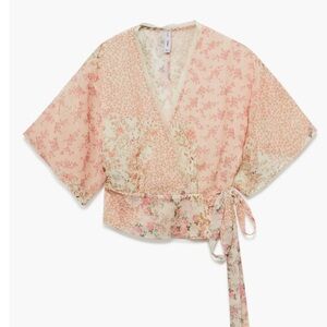MANGO Floral Fluttery Sleeve Wrap Top